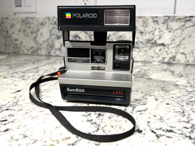 POLAROID Sun600 LMS Vintage Instant Film Land Camera w/Strap Black Silver Retro