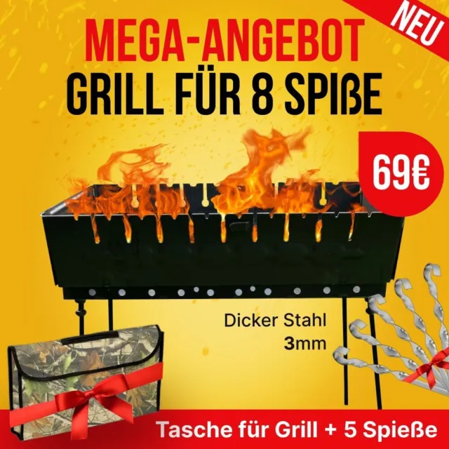 Mangal Grill Koffer Schaschlik für 8(3mm) Spießen Tragbar Picknick mit 5 Spieße