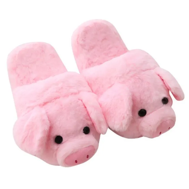 Women Winter Pink Pig Cartoon Plush Slippers Non-Slip Furry Shoes