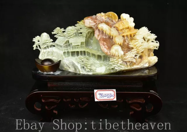 11.2" Chinese 100% Natural Xiu Jade Carving Landscape Pavilions Tree Statue