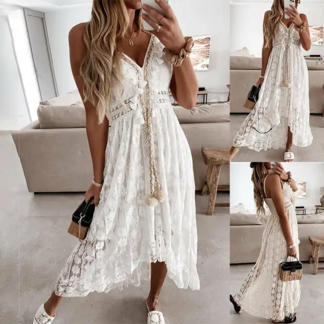 Womens Sexy Lace Boho Long Maxi Dress Ladies Summer Beach Holiday Party Sundress