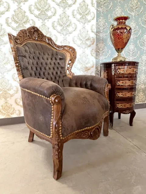 Armchair French Baroque Style in Faux Leather Brown Sofa Flesh Antique Style