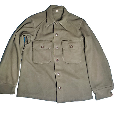 Vtg 1950s Korean War Era US Military Issue Green Wool Mackinaw Field Shirt M