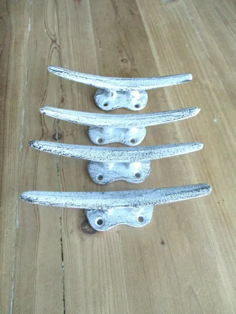 4 Cleat Nautical Wall Hooks Cast Iron Drawer Pull Boat Coat Distressed White