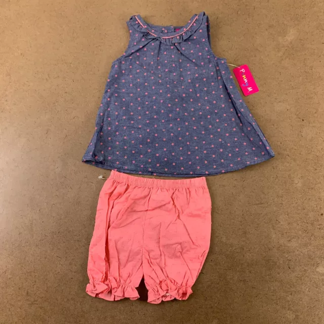 Penny M Baby Girl Size 24 Months Pink Polka Dot Chambray 2 Piece Short Set NWT