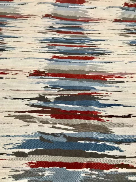 Designer Gray Blue and Red Abstract Striped Fabric