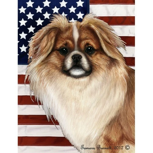 Patriotic (D2) Garden Flag - Red and White Sable Tibetan Spaniel 324761
