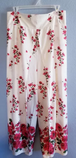 Womens White Red Chinese Floral Wrap Front Palazzo Trouser Pants Size L/XL