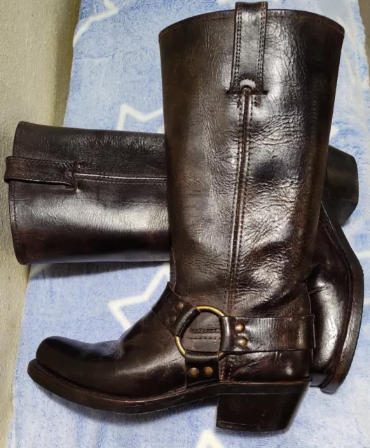 Frye Vintage Brown Leather Harness 12R Tall Square Toe Biker Boot women's sz 6.5