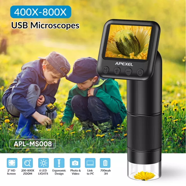 APEXEL 800X Digital Microscope Macro Lens  Adjustable LCD Screen with LED Light