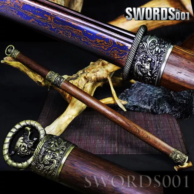 ROSEWOOD CHINESE RING-POMMEL Dao Straight Sword Blue & Red Damascus ...