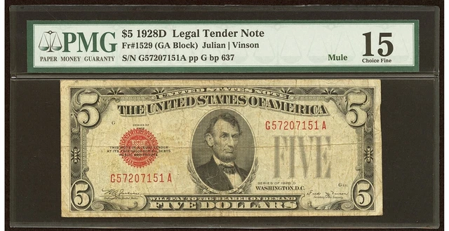 1928-D $5 Legal Tender MULE Fr. 1529 PMG VF15 SCARCE MULE NOTE !