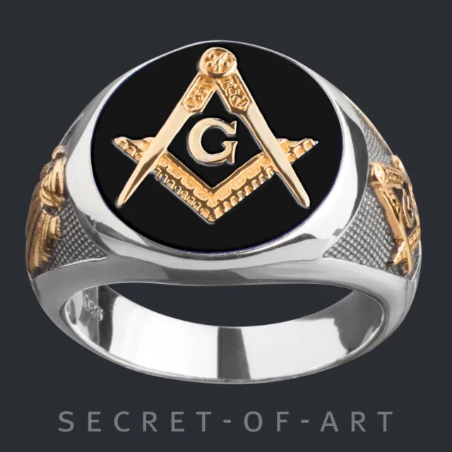 Masonic Ring Freemason Mason Masonry 925 Silver Gold-Plated All Seeing Eye black