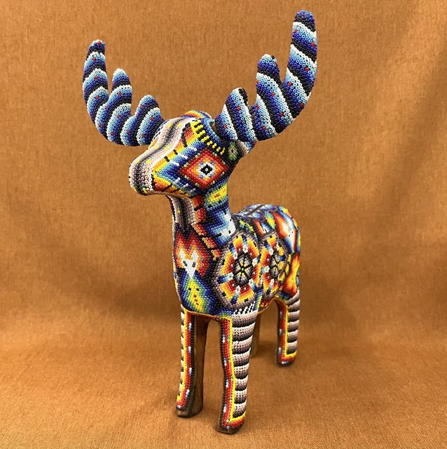 Huichol Beaded Art 11” Deer Moose Figure Handmade Mexican Folk Art Beads