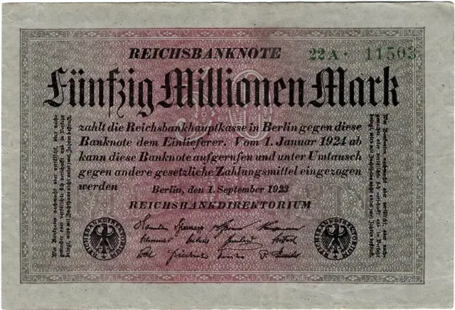 Reichsbanknote 50 Millionen Mark 1923 Reichsbank DEU-122a Ro.108a P-109 SELTEN