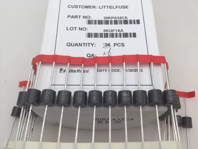 20KPA32CA Littelfuse, 20 kW 32 VWM 54,3 VC 372 Amp, diode TVS, bidirectionnelle