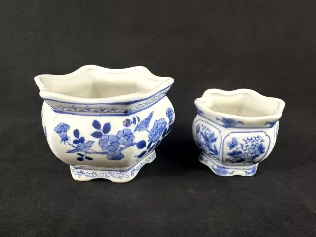 2 Vintage Small Chinoiserie Style Chinese Ceramic Planters Blue White Plant Pots