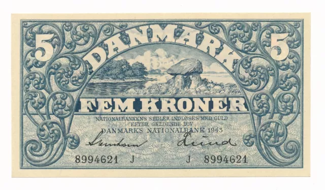 Denmark 5 Kroner 1943 Prefix J Sign: Svendsen & Lund P.30 /30j Unc Note