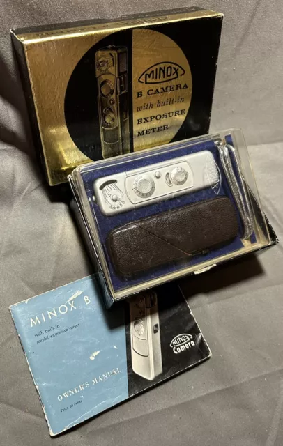 Vintage Minox B Camera in Box with Chain, Papers, Leather Case + B-C Flash