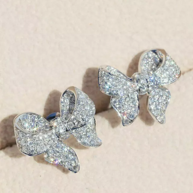 Women Girls Silver Zircon BOW EARRINGS Stud Jewellery Earrings Gift UK