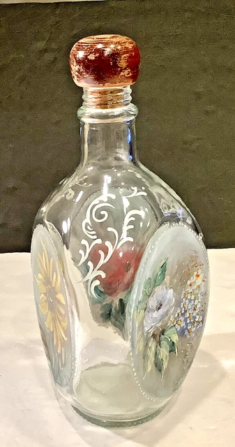 PINCH BOTTLE ART Vintage signed Painting w/Wood Cork Stopper 10" tall