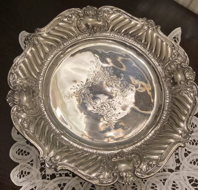 Antique Baroque Heavily Embossed Silver Plated Pedestal Cake Dish.