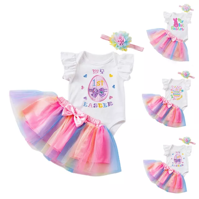 Kids Girl Baby Princess My 1st Easter Rabbit Bunny Top Rainbow Skirt Outfit