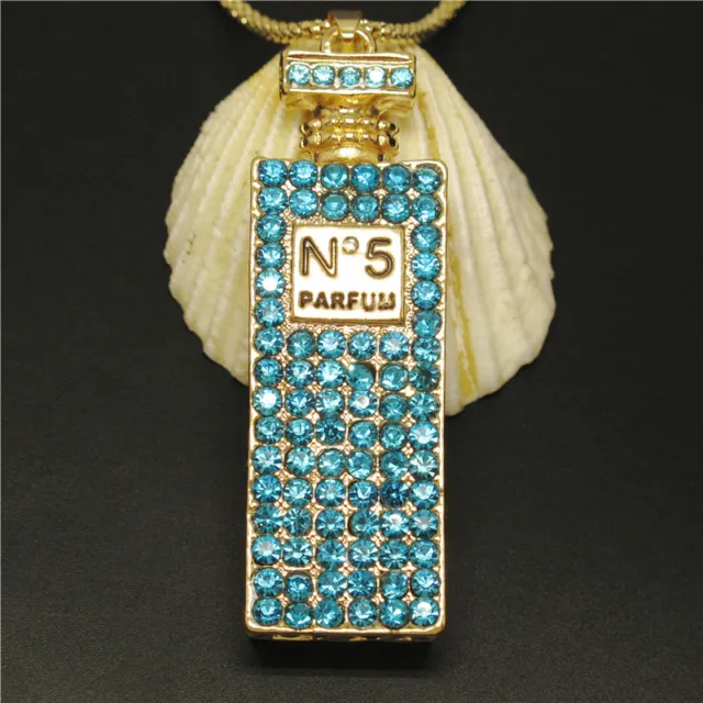 New Fashion Lady Blue Bling Perfume Bottle Crystal Pendant Women Necklace 2