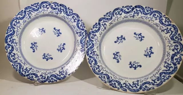 2 English 19th Century Blue Pearlware Transferware Soup Plates Hampton Pattern