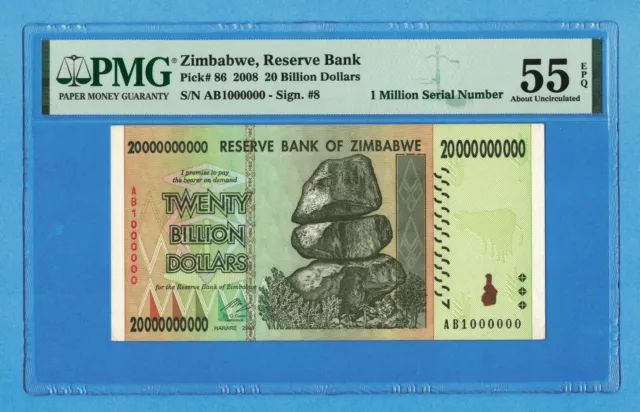 20 Billion Dollars Zimbabwe 2008 P86 PMG 55 About UNC EPQ - Serial # 1 Million