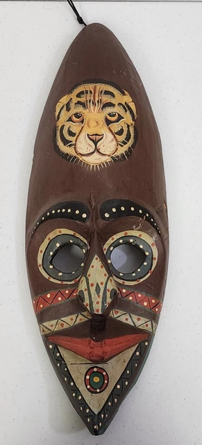 20" African Tribal Mask Hand Carved Hand Painted w/ Tiger on Forehead Wall Decor