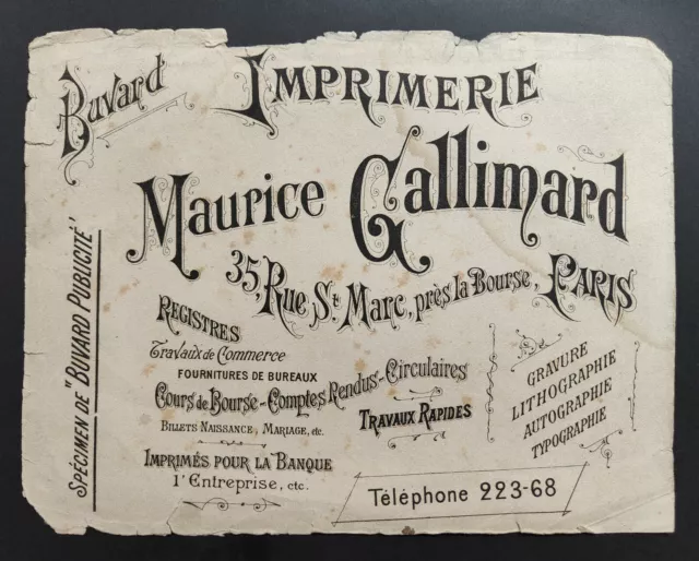 Imprimerie Maurice Gallimard - Buvard publicitaire – Paris - rue St Marc