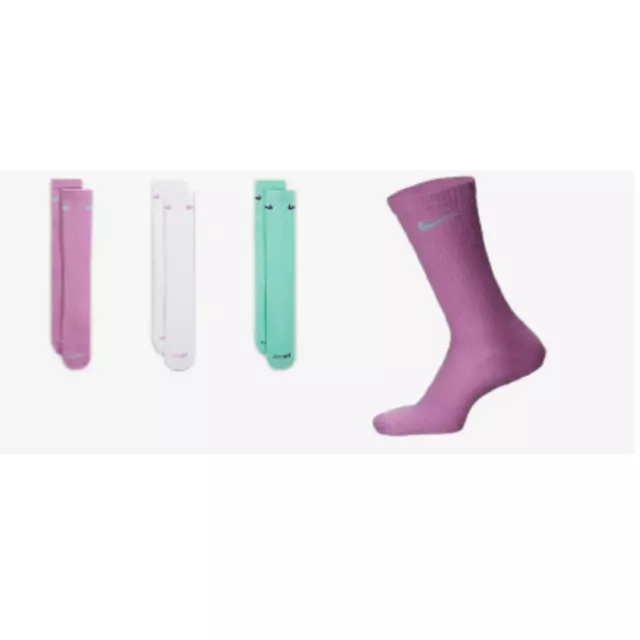 NIKE Everyday Plus DRI FIT Socks 3 pairs Lavender White Green Mns 8-12 Wmn 10-13