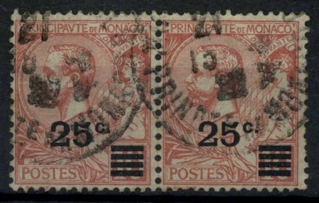 Monaco 1922 SG#52, 25c On 10c Rose Red Prince Charles III Used Pair #E95218