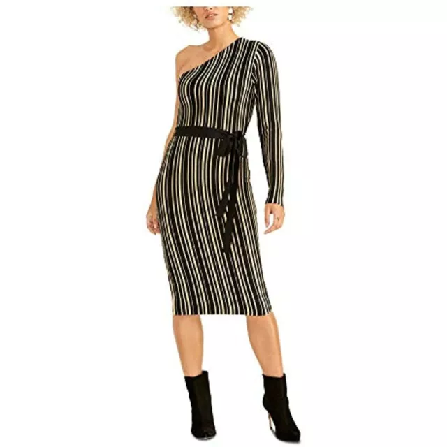 MSRP $129 Rachel Roy Womens One Shoulder Striped Sweaterdress Black Size Medium