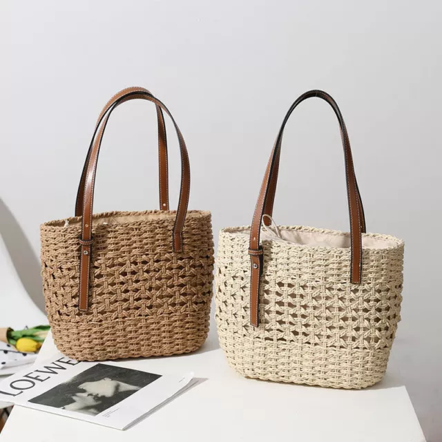 Women Woven Boho Handbag Summer Beach Tote Straw Bag Round Rattan Shoulder US