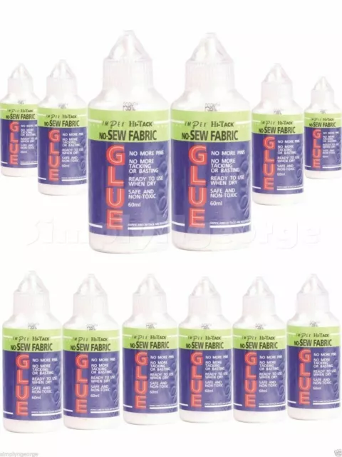 12 x Hi Tack No Sew Fabric Glue 60 ml | Sticky Glue No More Pin Tacking Basting