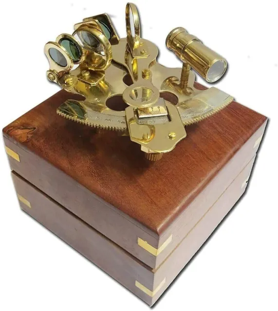 Nautical Sextant Astrolabe New 4" Brass Sextant With Wooden Box Replica Gift