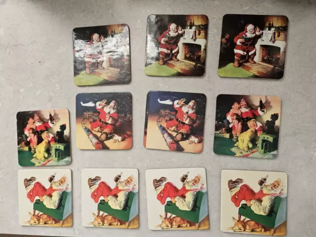 Coca Cola Coke Santa Claus Christmas Holiday Coasters Lot Of 11 Cork Train Toys
