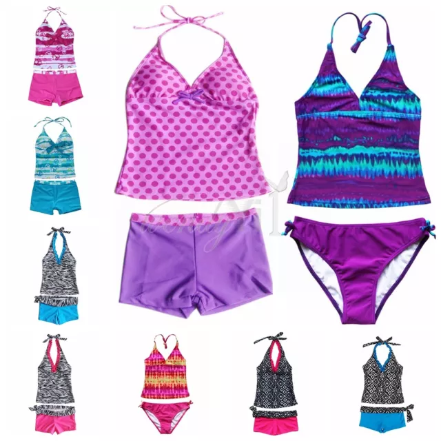 Girls Kids 2 Piece Halter Tankini Swimwear Bathers Swimmers Swimsuit Size 3-16Y