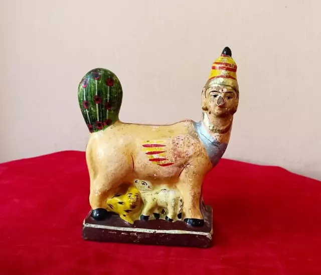 Vintage Lord Krishnas Kuh alte Keramik Terrakotta Ton Idol Statue alt F95