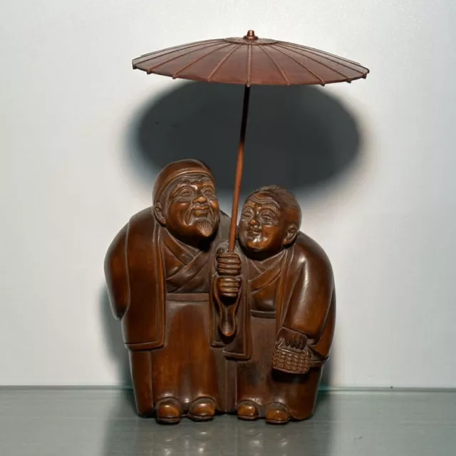 Vintage Chinese Antique Boxwood Carving Old Men Women Statue Wooden Home Decor