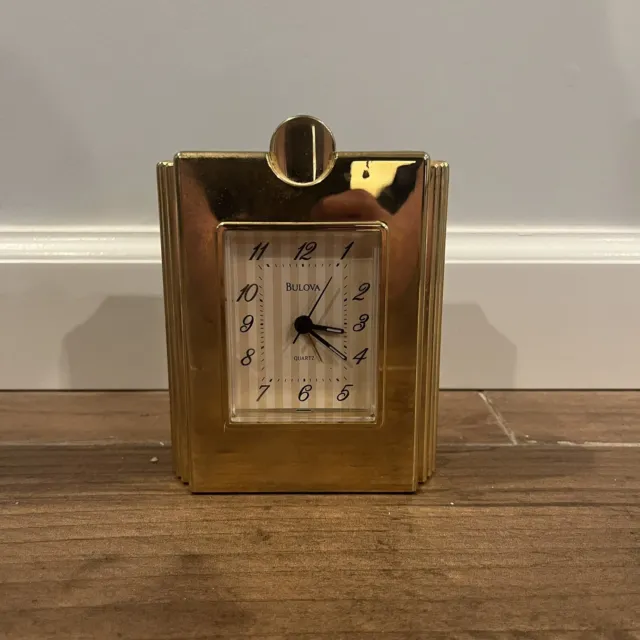 Vintage Bulova Alarm Clock Quartz Japan Brass Art Deco Desk Mantel Gold Tone