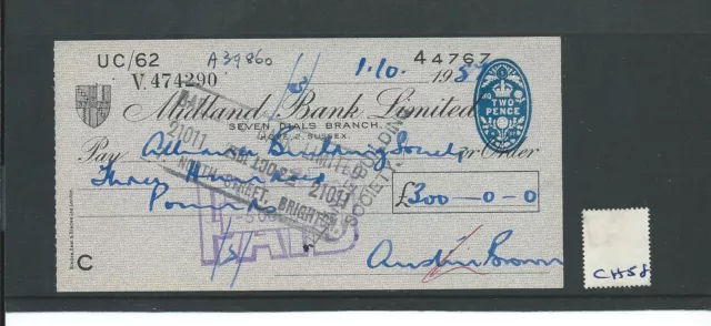 wbc. - CHEQUE - CH58- USED -1950's - MIDLAND BANK ,SEVEN DIALS, HOVE, SUSSEX