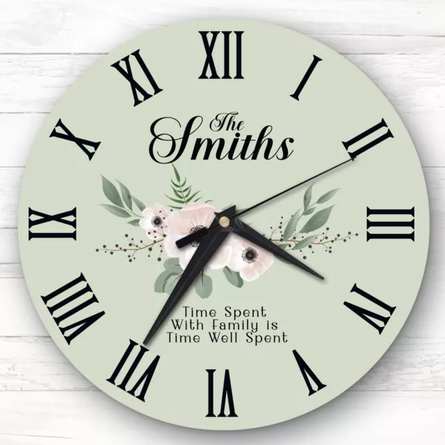 Family Floral Sage Green Background Personalised Gift Personalised Clock