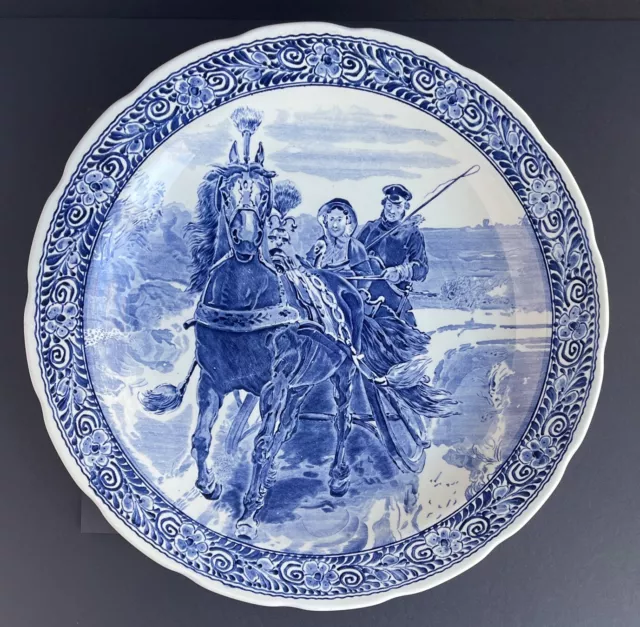 Vtg Large Delfts Boch Belgium Blue Wall Plate, Horse & Carriage Collection Plate