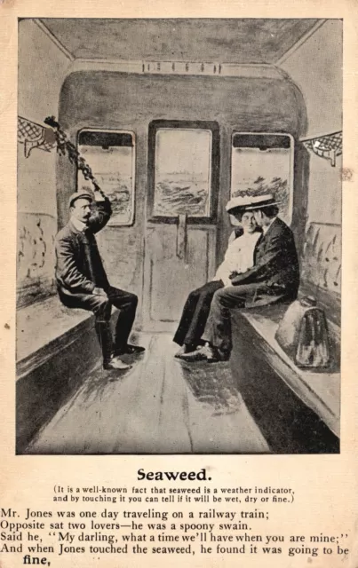 Vintage Postcard Lovers Couple In The Raiway Train Traveling Seaweed Romance