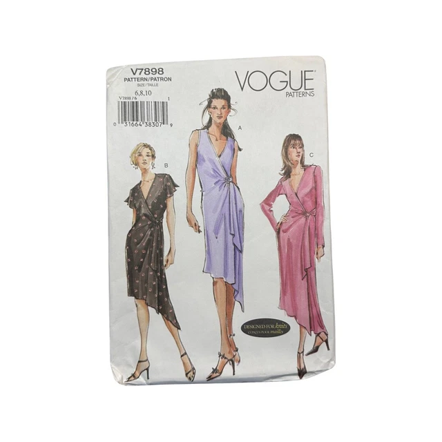 V7898 Vestido Vogue Ajuste Cruzado Lateral Atado Patrón de Costura Talla 6-10 Sin Cortar