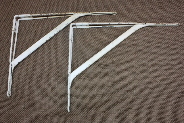 2 Old Shelf Brackets 7 X 9" Supports Rustic Industrial Steel Vintage White Paint