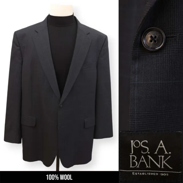 JOS A BANK mens blue windowpane 100% WOOL sport coat suit jacket blazer 48 L